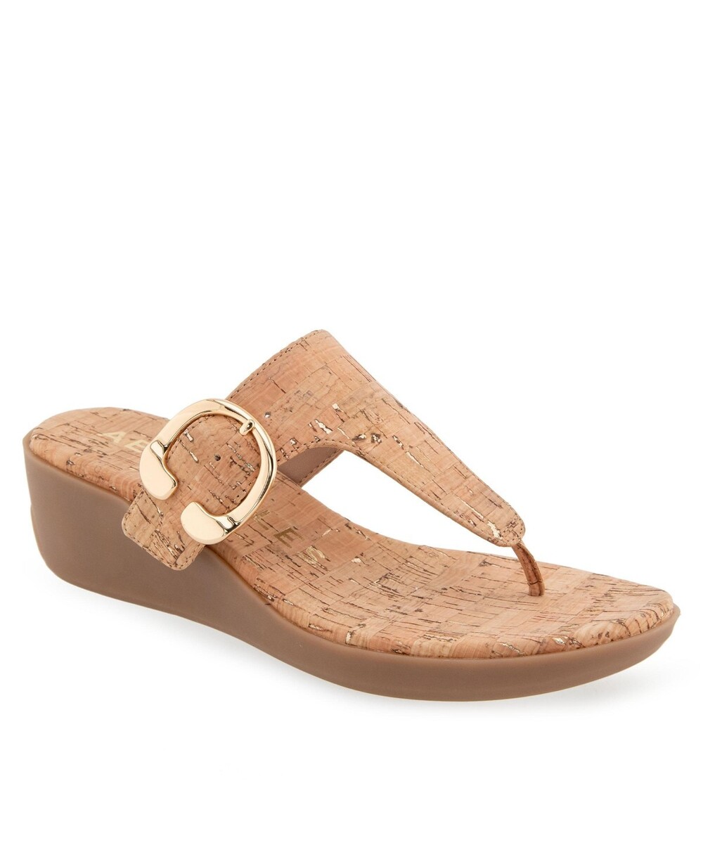 Aerosoles C35 Cork Wedge Sandals Women 6 M Gold Buckle Slingback Comfort NEW